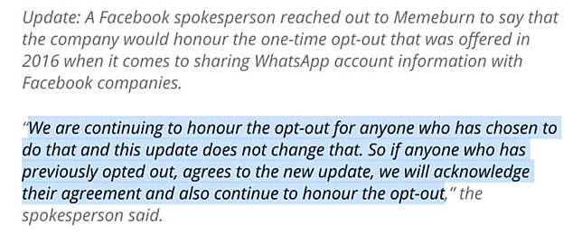 Facebook 發言人確認兩類whatsapp 用戶數據不會被分享 Unwire Hk Line Today