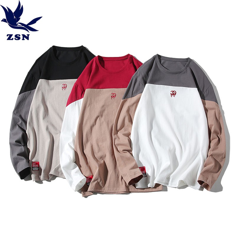 現貨19新款韓版寬鬆拼接色棉質長袖T恤 運動休閒T恤上衣 圓領打底衫 修身顯瘦百搭T恤 潮牌歐美風時尚個性衛衣 長袖衣著