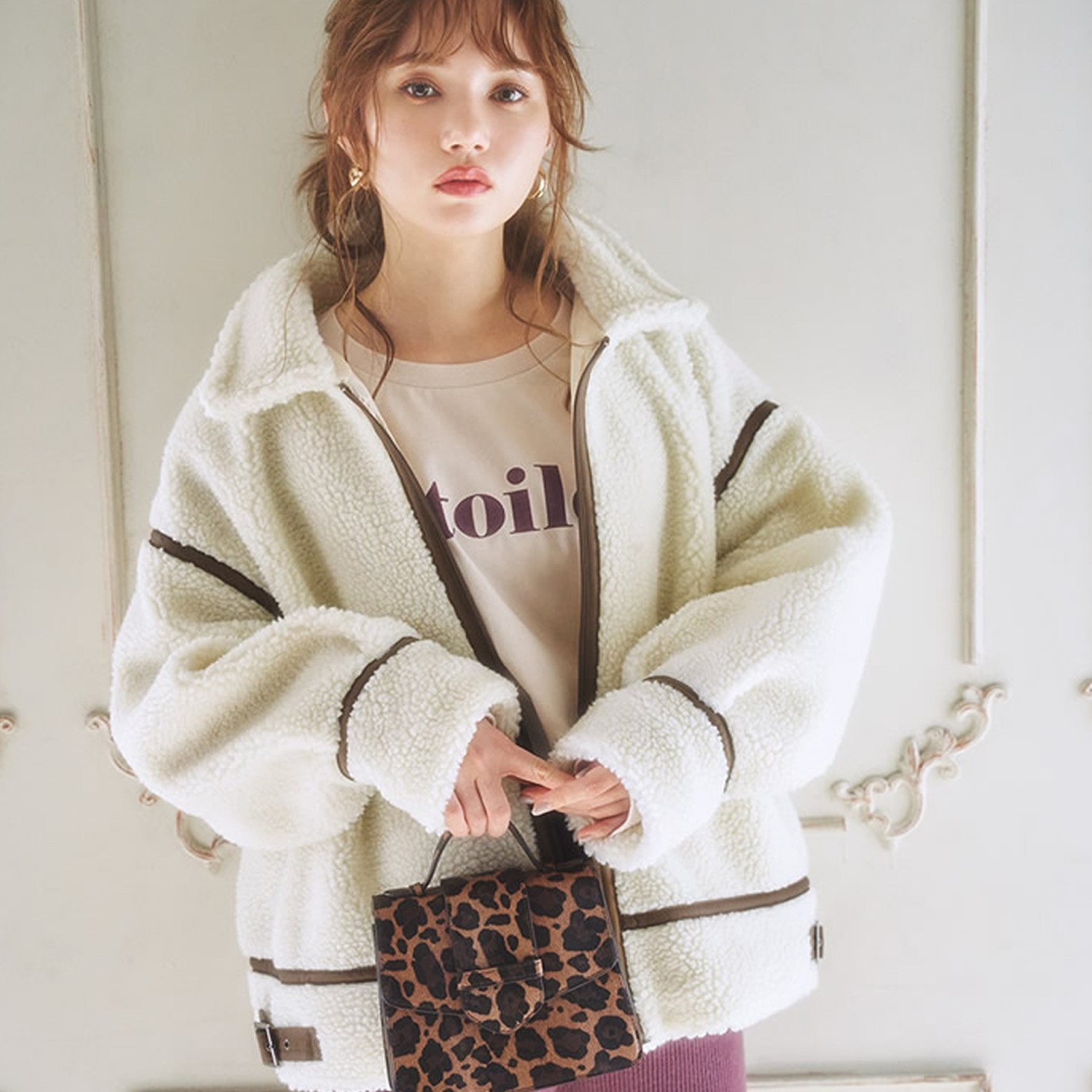 日本 GRL - 率性線條高領泰迪熊刷毛保暖外套-天使白