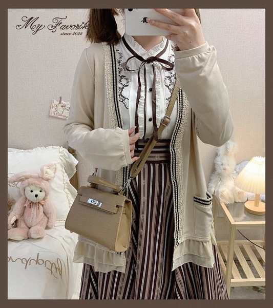 日單 復古春季柔軟面料荷葉下擺綁帶開衫外套（米）