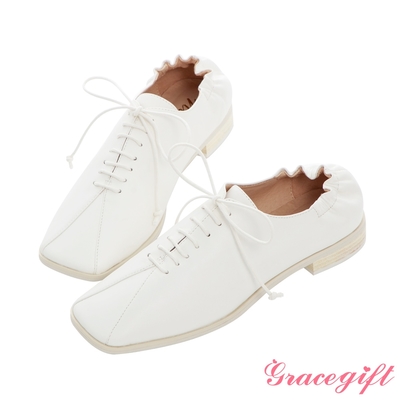 (KOL聯名穿搭鞋)Grace gift X Nina-聯名方頭後抓皺低跟牛津鞋 白@#@ (KOL聯名穿搭鞋)Grace gift X Nina-聯名方頭後抓皺低跟牛津鞋 白