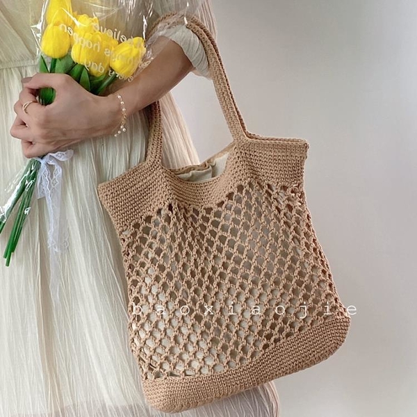 柒柒包包1·韓國ins鏤空編織包文藝休閒單肩包大容量棉線包復古漁網包手提包