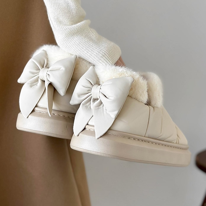 【36-41全尺碼】內刷毛雪靴．可愛羽絨麵包拼接蝴蝶結緞帶短靴．白鳥麗子