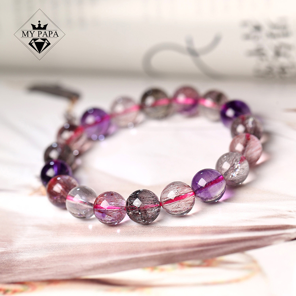 MYPAPA彩寶水晶收藏料高透干骨超七草莓晶單圈手鍊手串S9-2-23