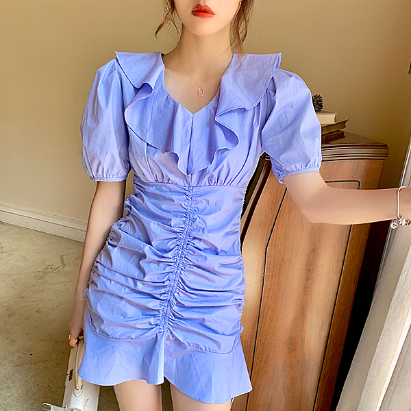 VK旗艦店 韓系抽繩收腰顯瘦包臀性感皺褶魚尾短裙短袖洋裝