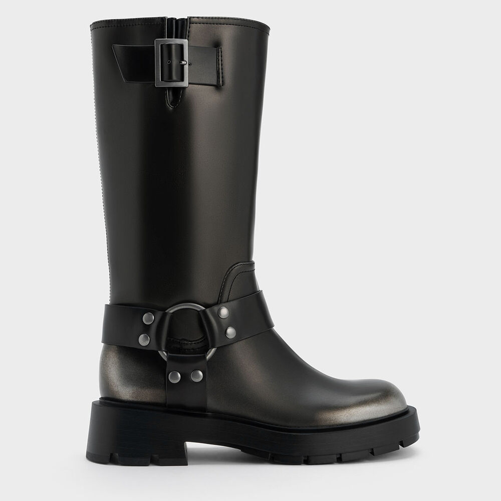 金屬釦皮帶長靴