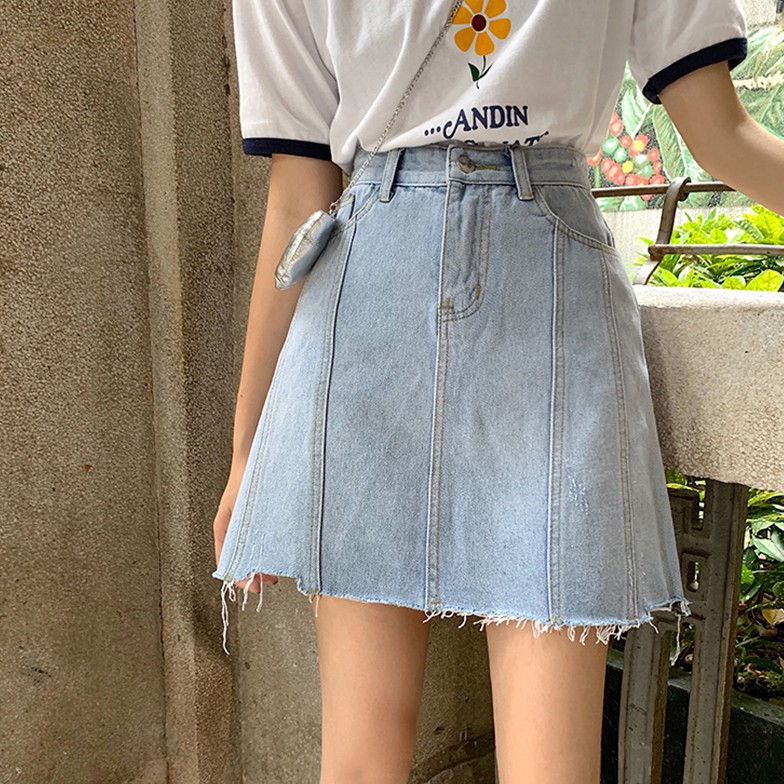 [現貨] 新韓ins潮個性不規則流蘇高腰A字裙 牛仔短裙 半身裙 包臀裙 女生學生修身顯瘦休閒短裙 迷你裙