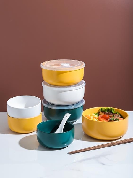 網紅陶瓷泡面碗帶蓋碗宿舍用學生單個湯碗便當飯盒碗家用碗筷套裝 果果輕時尚