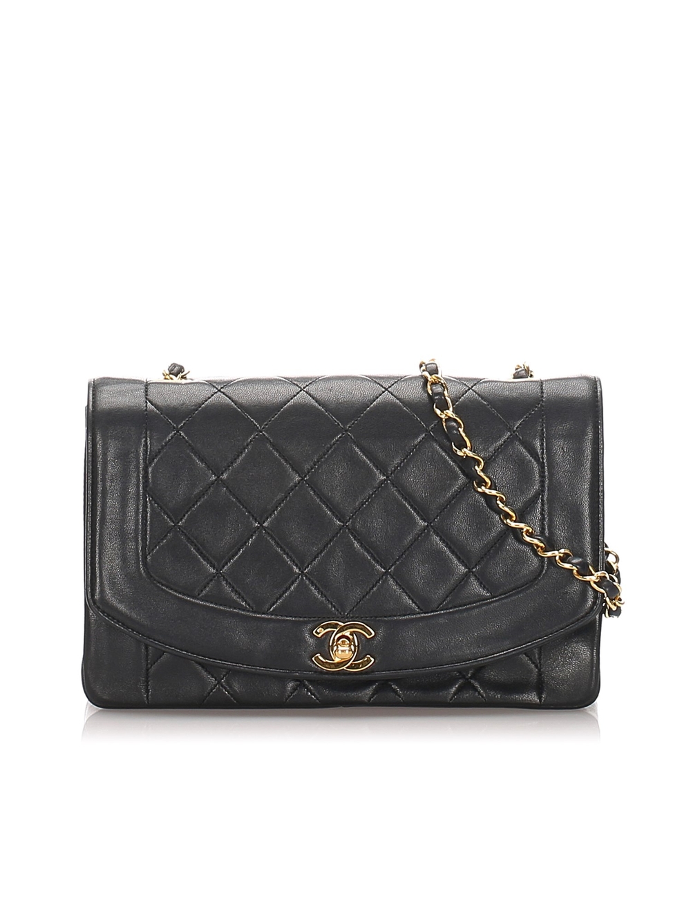 The Diana shoulder bag features a quilted lambskin leather body, a leather-woven chain strap, a fron