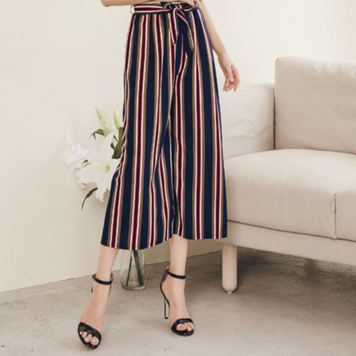 【現貨】粗細條紋相間附綁帶鬆緊腰寬褲(共二色)