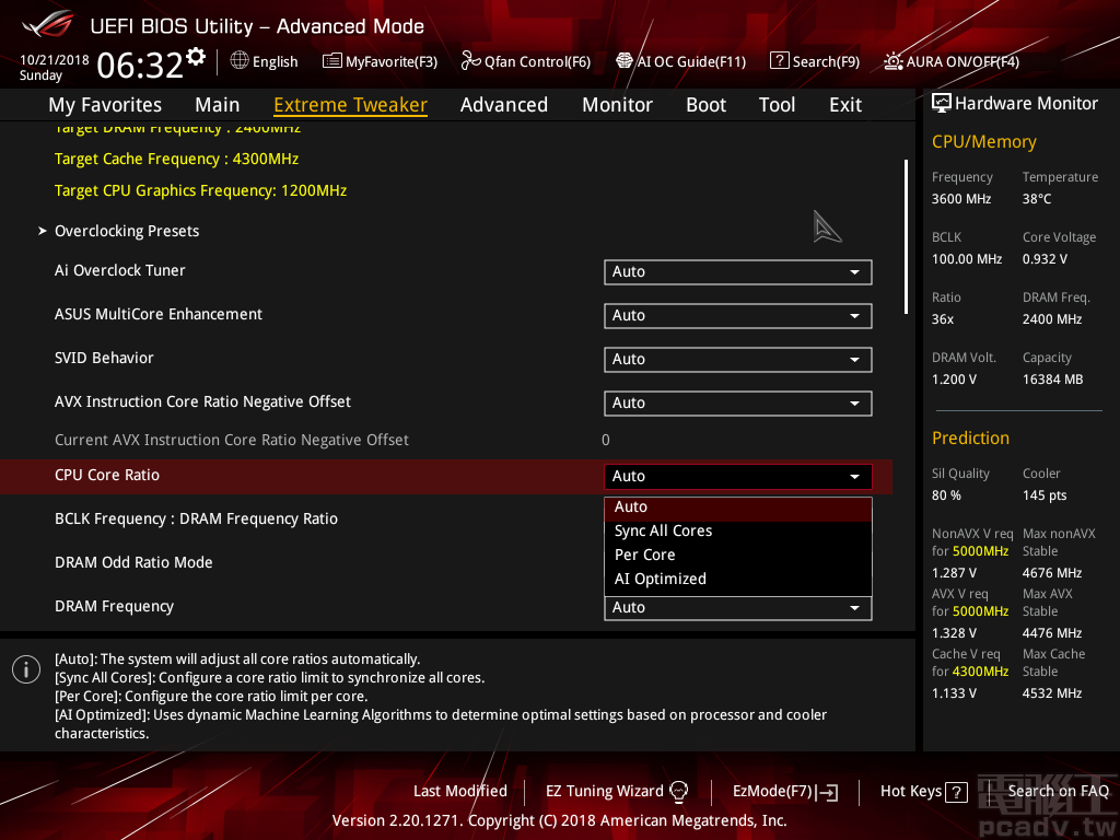 CPU Core Ration 選擇 AI Optimized，即可使用 AI Overclocking 功能