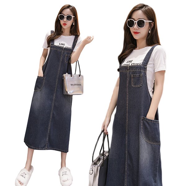 SISI【J9005】實拍四季經典百搭休閒顯瘦舒適親膚透氣牛仔丹寧吊帶裙中長款長裙連身裙