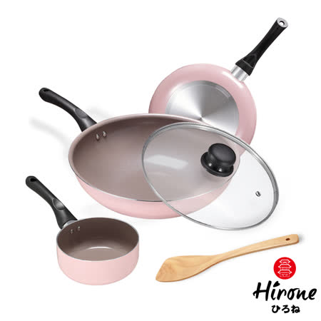 炒鍋30cm+奶鍋16cm+平底鍋24cm+炒鍋蓋+木鏟 ◆繽紛櫻花粉色系◆亞洲獨賣，限量粉色系◆添加陶瓷層不沾不黏好清洗◆時尚美麗baby粉色系