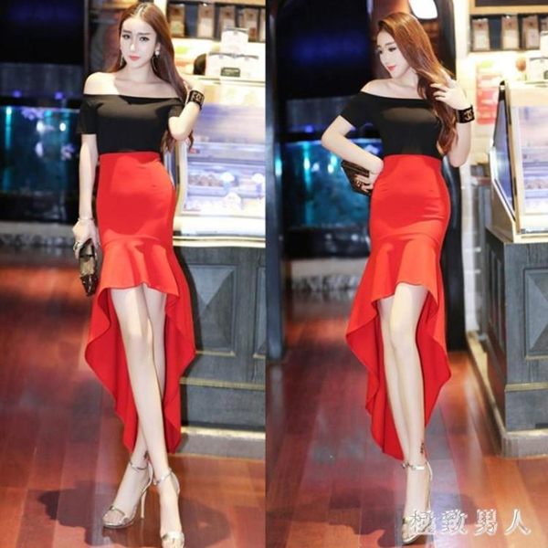 長禮服夜店女裝夏性感氣質一字領修身燕尾聚會晚禮服夜場裙子工作服