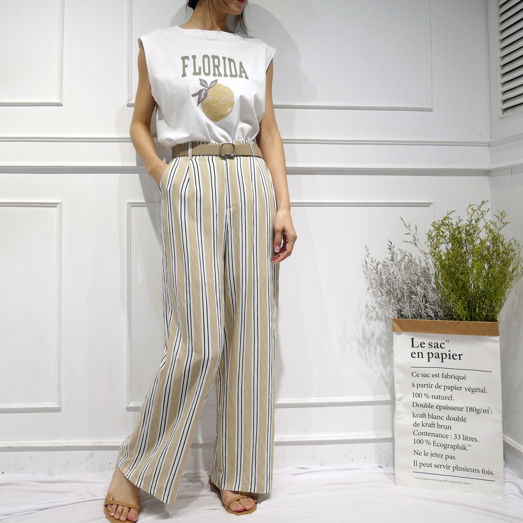 後鬆緊直條紋皮帶寬褲