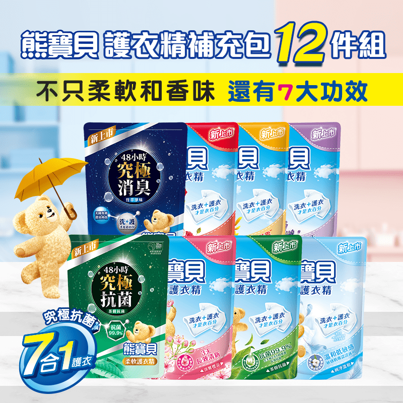 總是為洗衣後變形/毛球/異味/褪色問題苦惱？熊寶貝柔軟精超值多件組，不只讓衣服柔軟帶香氣，還能中和洗劑殘留，保護纖維，預防毛球褪色問題，面料柔軟舒適不刺癢，還可以去除靜電，低敏成分天然，可防霉抗菌喔！