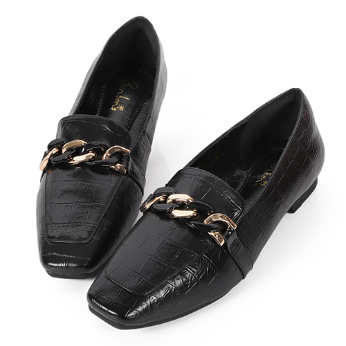 復古時髦鱷魚紋鍊條方頭樂福鞋 300396-黑