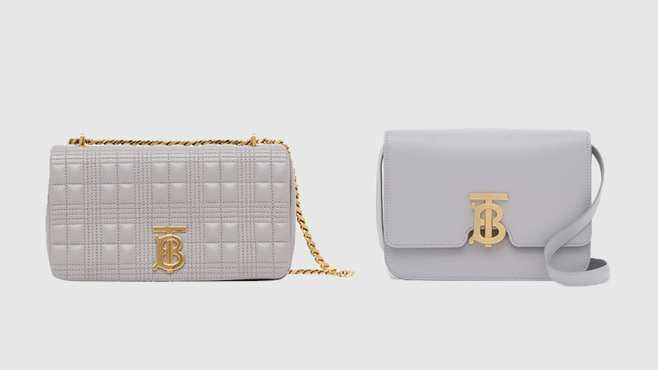 BURBERRY 小型雲灰色絎縫羔羊皮 LOLA 包 ，NT$55,000 BURBERRY 小型雲灰色皮革 TB 包，NT$75,000