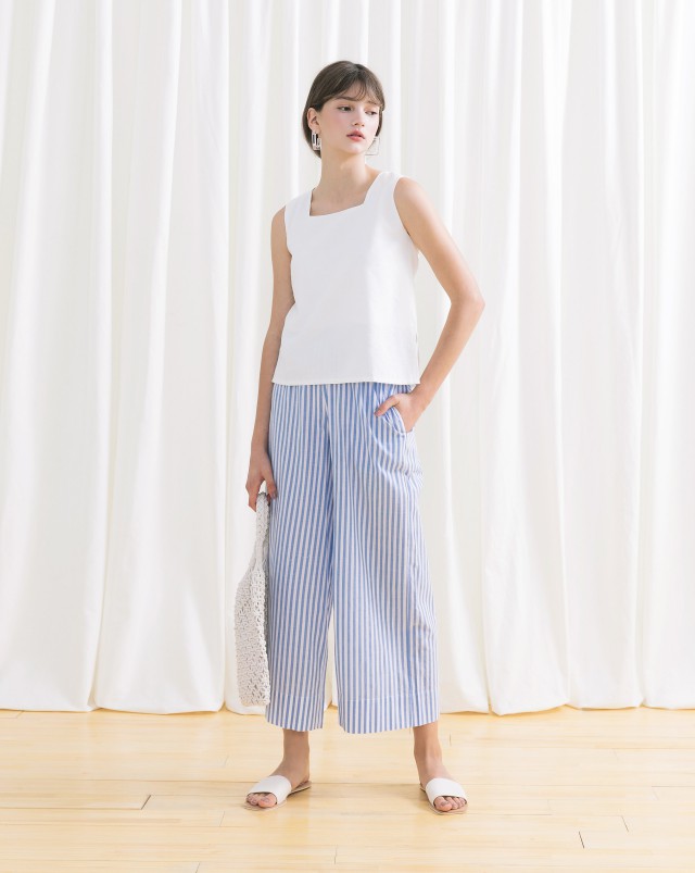 MEIERQ+直條紋棉麻鬆緊腰寬褲