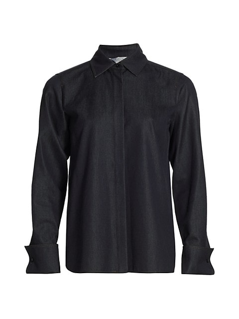 This dark wash denim collared shirt has a softly structured cut that gives a polished tailored fit.;