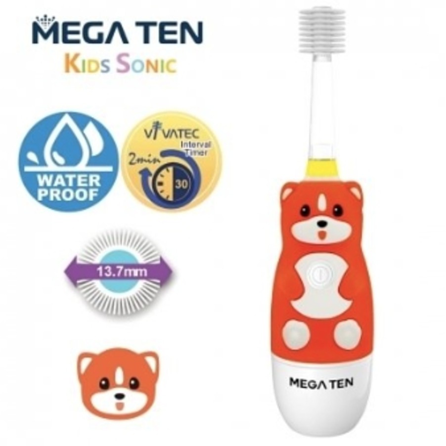 日本Vivatec 創新品牌【Mega Ten幼童電動牙刷】，日本製的刷頭，採用美國杜邦(DuPont)材質，刷毛特別加長、加多，適用年齡從2歲到8歲幼童皆可使用！2萬根細軟刷毛，每分鐘振動16000