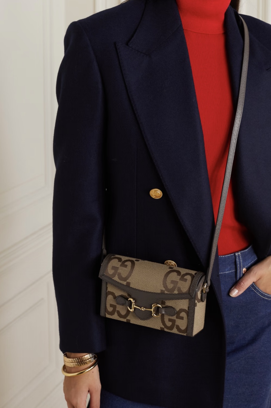 GUCCI 1955 Horsebit mini leather-trimmed canvas-jacquard shoulder bag