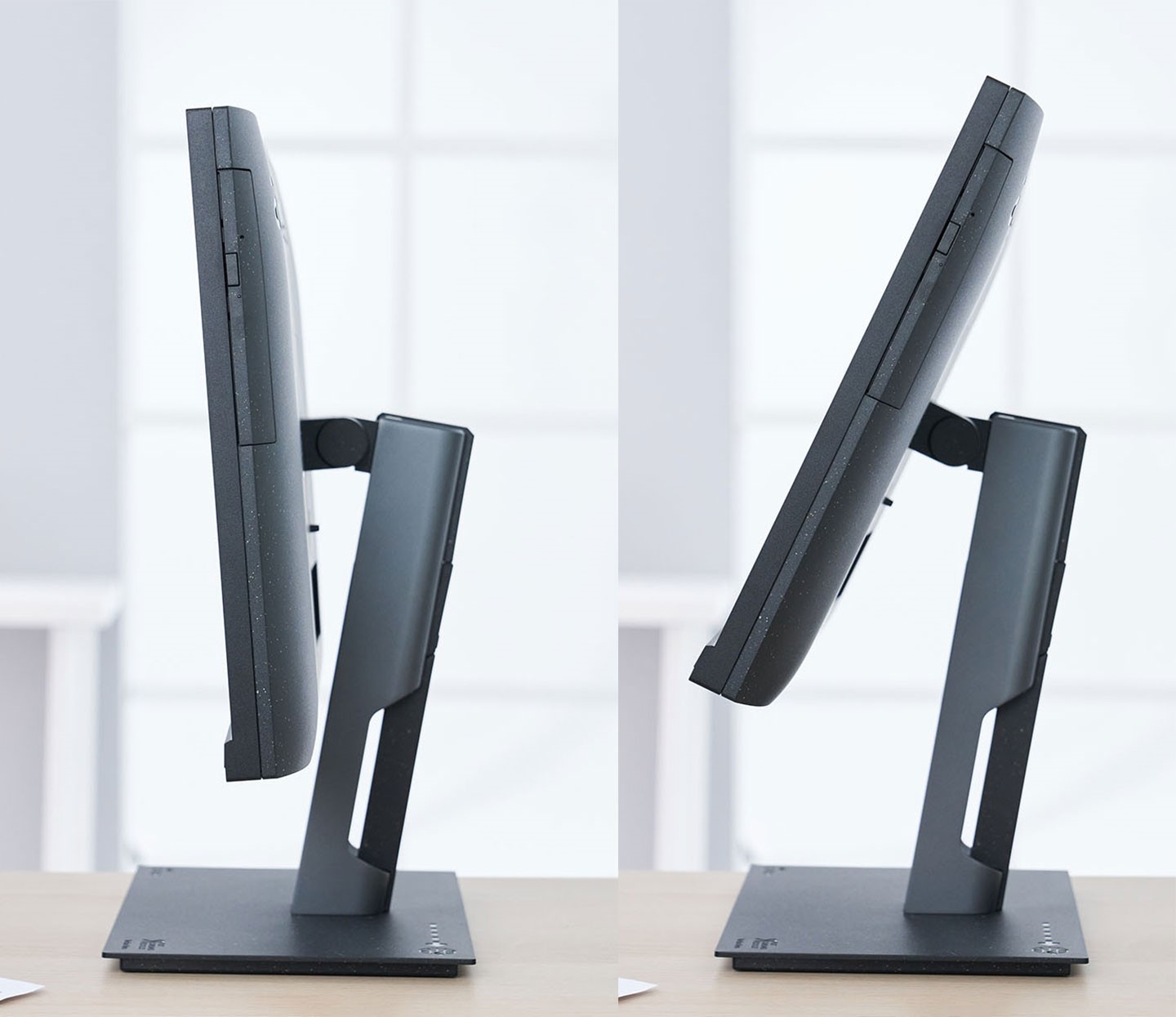 螢幕支架僅支援前、後傾角的調整，上圖分別為向前（圖左）與向後（圖右）的最大傾斜角度。