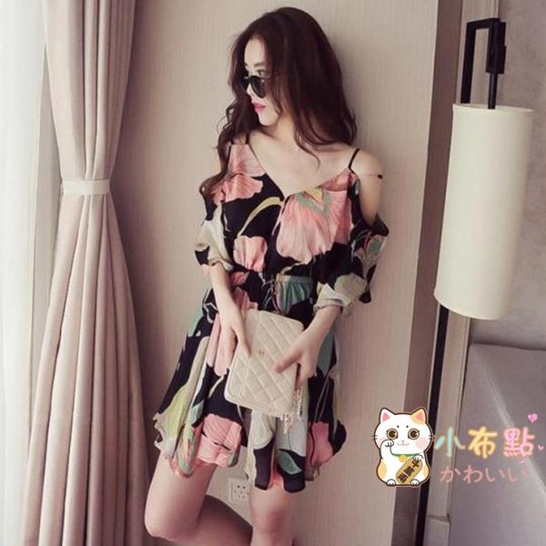 印花洋裝 夏女裝夜店性感V領吊帶露背顯瘦A字大擺裙收腰雪紡碎花連衣裙