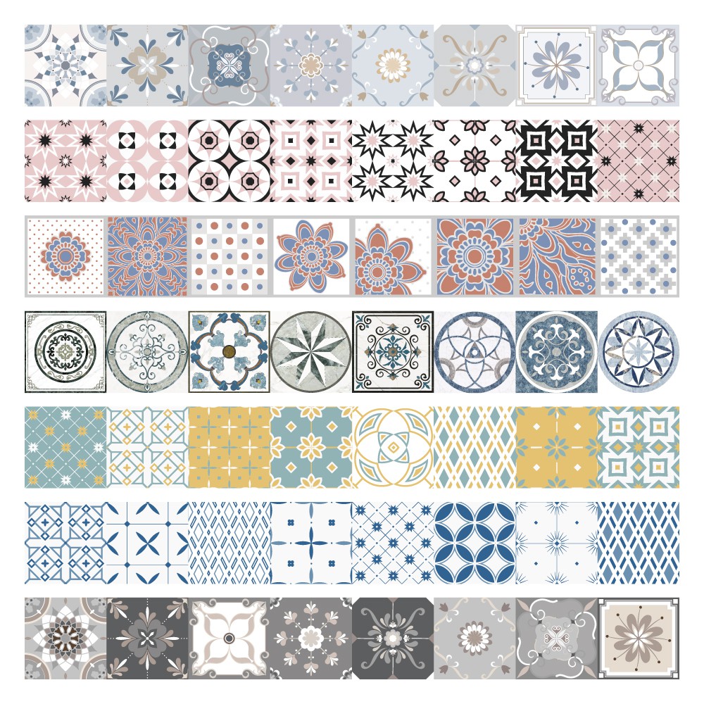 切勿因為只看到一小角就認定為出錯款式哦！謝謝。強烈的色彩風格與幾何圖形的搭配，西班牙花磚凸顯時尚質感免刷膠設計，可剪裁、方便修剪，輕盈好貼不費力！只要簡單DIY黏貼於壁面、瓷磚，廚房流理臺、浴室牆面和