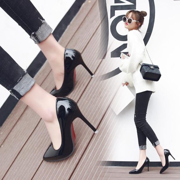 尖頭高跟鞋細跟黑色工作單鞋女紅色婚鞋漆皮藍色大碼鞋子 萬客城