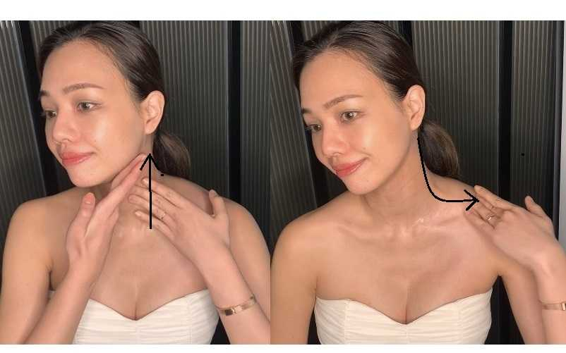 搭配的超簡易按摩手法教給妳！頸部位置只要從肩胛骨由下往上帶到耳後，再順勢下滑帶至肩頸交界處。（圖／吳雅鈴攝）