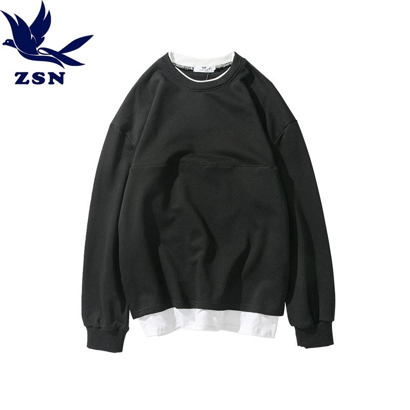 oversize落肩拼接假兩件長袖大學tee衛衣 潮牌嘻哈風韓版寬鬆休閒衛衣 街頭帥氣圓領套頭衫 棉質舒適學院風衛衣上衣