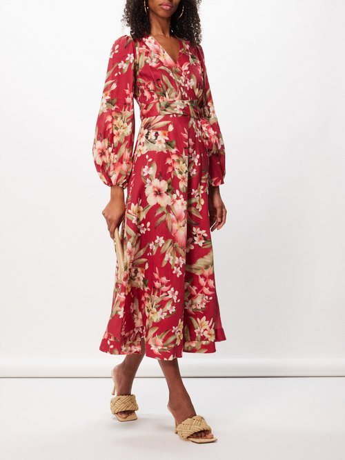 Zimmermann - Lexi Floral-print Linen Wrap Dress - Womens - Red Multi