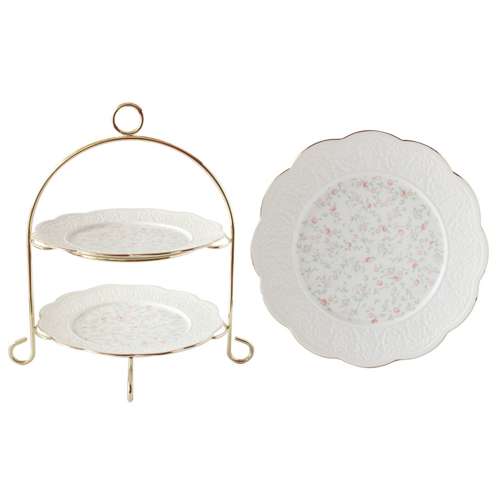 花語日記新骨瓷雙層蛋糕盤組 金(附禮盒)商品尺寸 : 8.75吋盤*2 (22.4x2cm)英式午茶 陶瓷蛋糕盤+台灣製盤架◇每組有2個陶瓷蛋糕盤◇每組均含台灣製盤架一個◇純白北歐極簡風格，盤面有線條