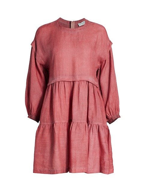 Bohemian in sensibility, this tiered mini dress flaunts bold puff sleeves.; Roundneck; Long drop sho