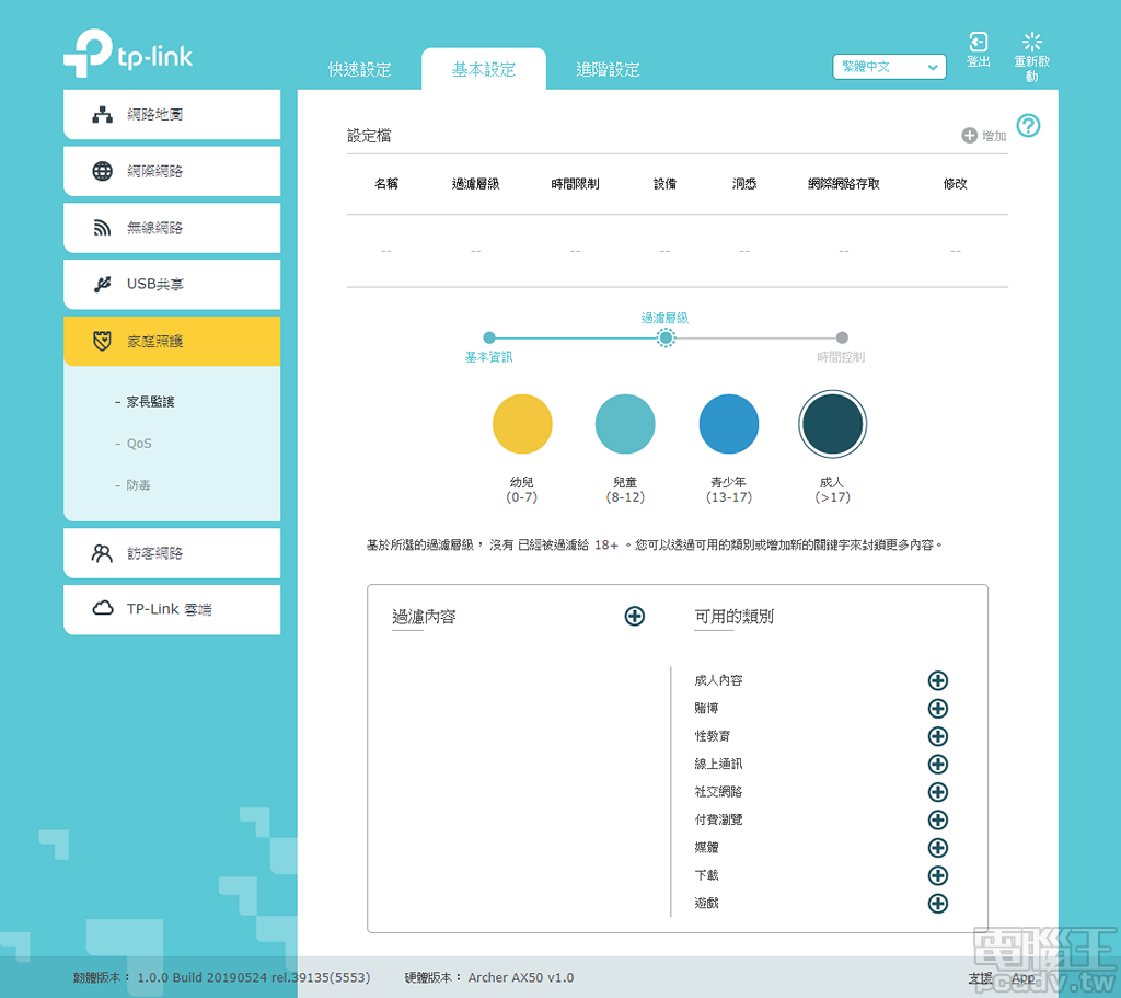 ▲ 家長監護可施加設定檔於各個連線設備，限定該設備可不可以瀏覽某些網頁內容，以及限制該設備的上網時間。