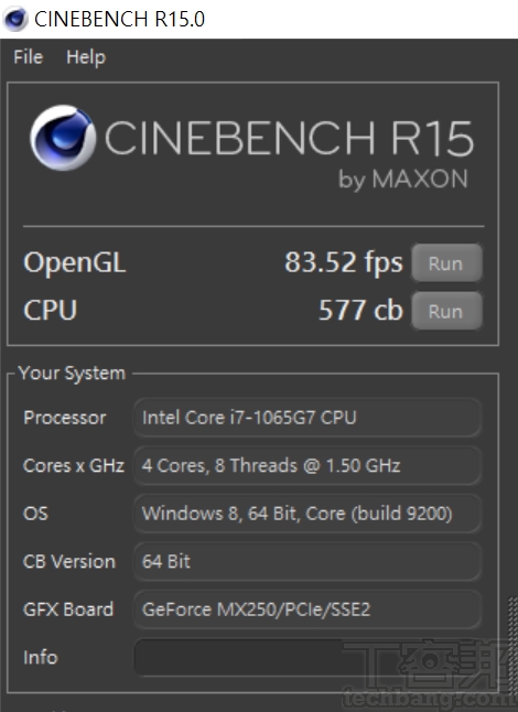 CINEBENCH R15測試中，OpenGL 為 83.52fps，處理器為 577cb 的成績。