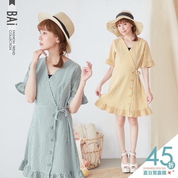 洋裝 配色格紋側排釦綁帶荷葉邊連身裙-BAi白媽媽【190708】