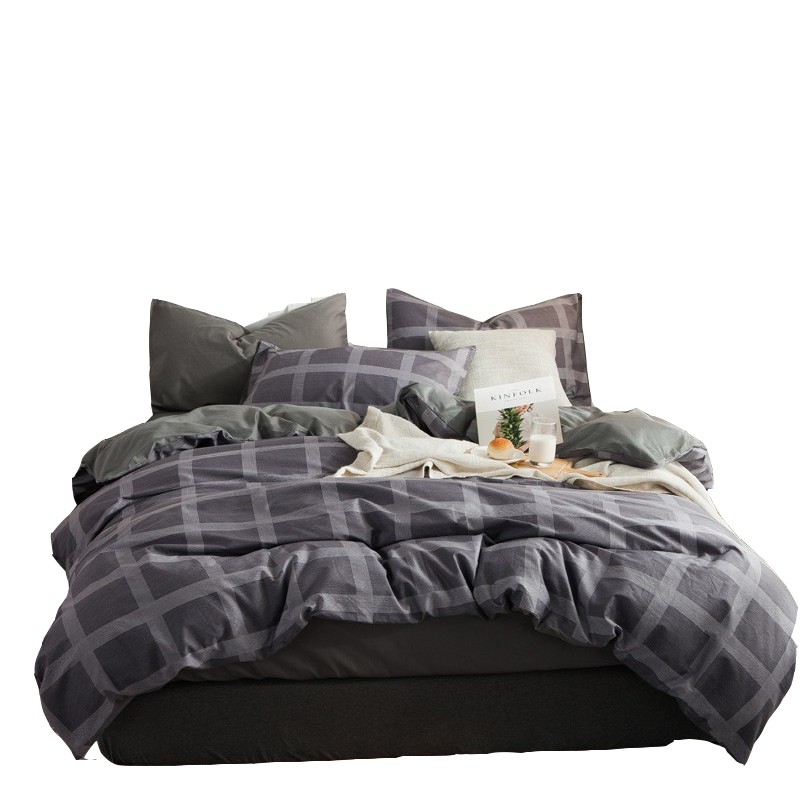 [床單固定器] 深灰色簡約時尚大格全棉四季款薄被套純色耐髒床單床包柔軟枕頭套單人雙人標準加大尺寸床上用品套件