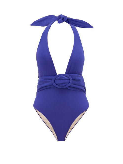 Adriana Degreas - Adriana Degreas's cobalt-blue swimsuit features a detachable belt with a large buc