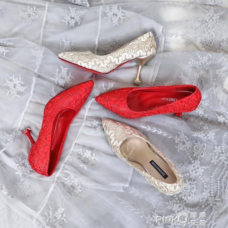 婚鞋女高跟新娘鞋中式結婚2019新款紅秀禾紅鞋細跟水晶夏天配裙子 (pink Q 時尚女裝）