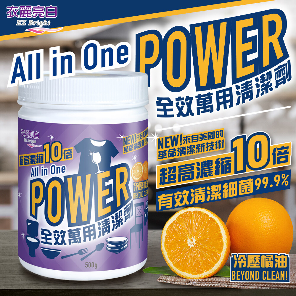衣麗亮白Power全效萬用清潔劑，來自美國狂銷百萬瓶的革命清潔新技術，10倍高濃縮配方，可用於洗滌衣物、碗盤、廚房、浴室、地板、汽車、洗衣槽等全方位清潔，告別瓶瓶罐罐，省錢又省時，讓清潔便得更輕鬆!