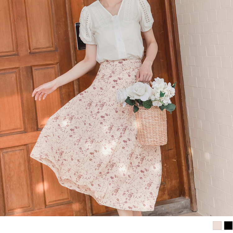 浪漫飄逸法式碎花收腰鬆緊A字雪紡長裙