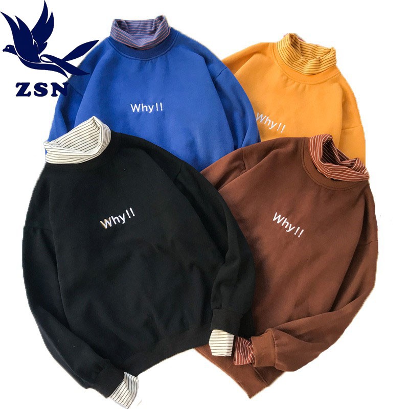 港仔風文藝假兩件高領大學t 韓版寬鬆加絨保暖衛衣上衣 拼接帥氣衛衣 長袖學院風大學tee上衣 印花潮牌嘻哈風打底衫百搭