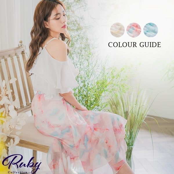 裙子 渲染水彩荷葉鬆緊長裙-Ruby s 露比午茶