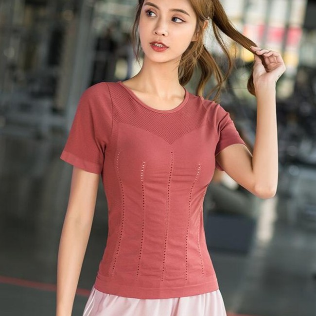 Movingpeach 瑜伽短袖運動短袖女修身速幹透氣跑步訓練正韓上衣運動上衣彈力T恤