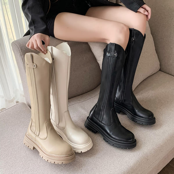 膝下靴．時尚素面皮革拚線後拉鍊厚底長靴．白鳥麗子