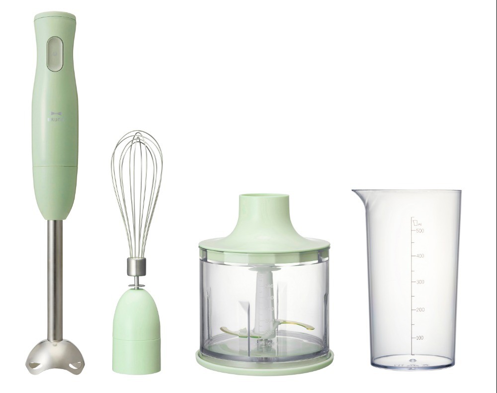 4 種調理工具，針對食材加以利用 機身輕巧，小巧好收納 一鍵操作好方便 美食、寶寶副食品，製作起來都輕鬆 產品內容物與規格說明/保固資訊 品名：BRUNO 多功能攪拌棒四件組 尺寸：W29.5×H23