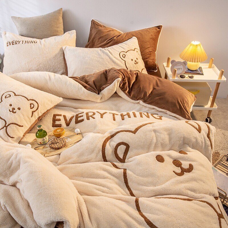 韓國進口泰迪絨大版毛巾繡四件套 床包 雙面絨珊瑚絨四件組 卡通 少女心 床包組 冬季床包 法蘭絨 被套 四件套 雙人床包