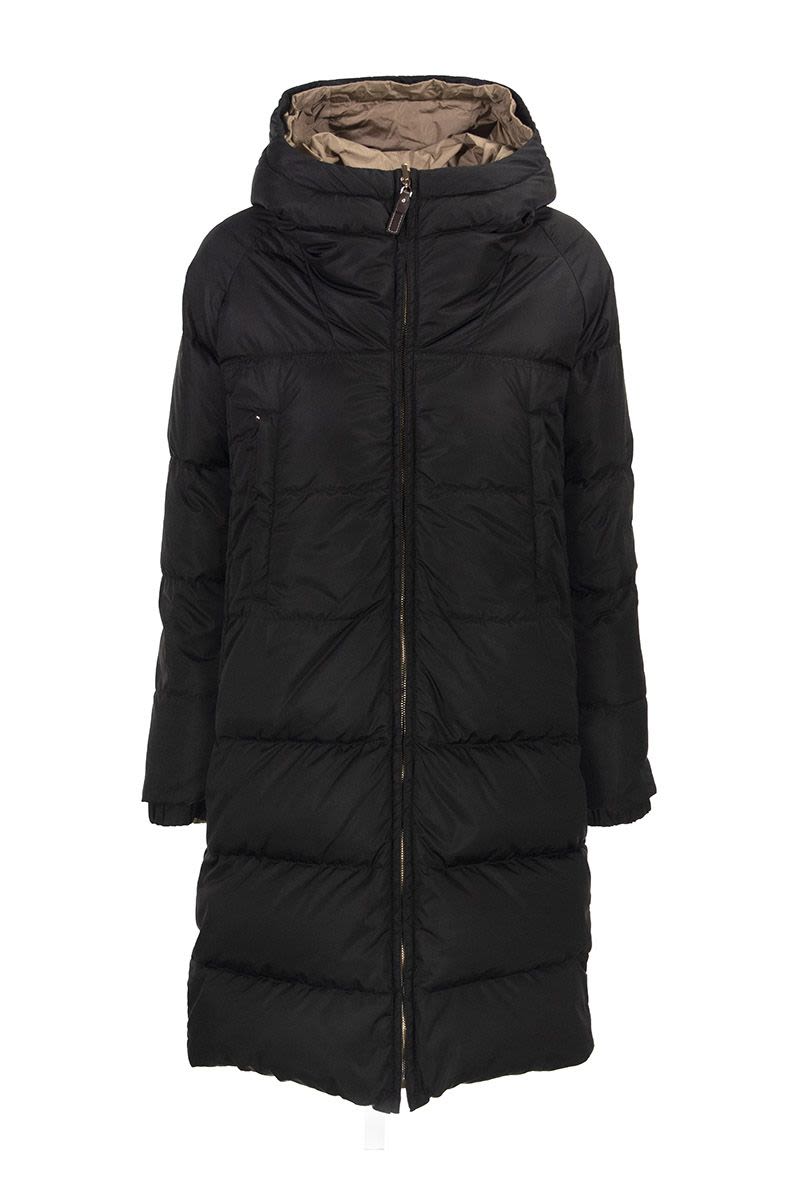 Car coat midi down jacket in goose down made of iridescent water-proof technical taffeta, with contr